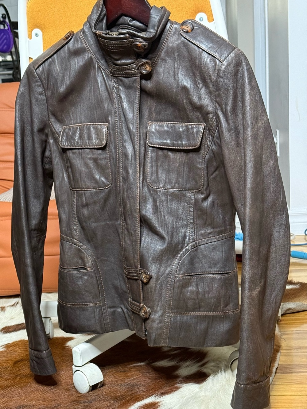 Brown Leather Button-Front Jacket